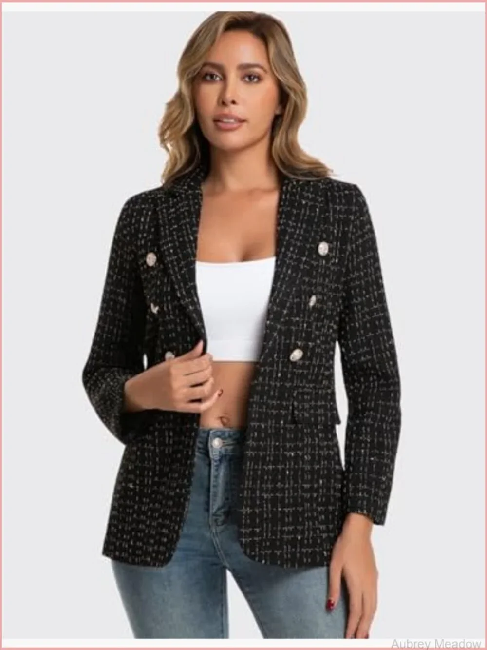 Women's Tweed Plaid Blazer Business Casual Notch Collar Long Sleeve